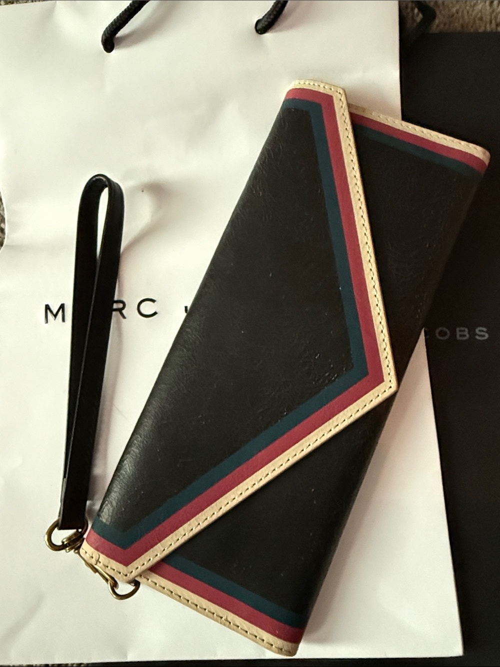 Marc Jacobs Black Leather Wristlet with Cream, Blue / Pink Trim Rare Vintage NWT